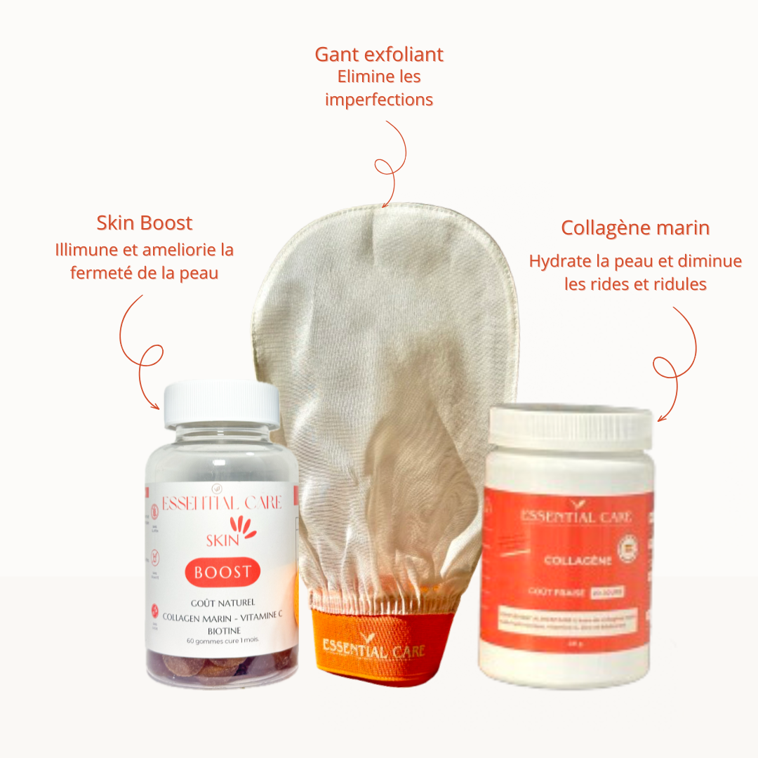 Pack Glow - 1 Skin Boost + 1 Collagène en poudre + 1 Gant exfoliant en soie